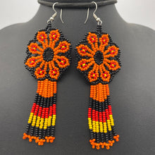 Load image into Gallery viewer, Orange, red and black hanging flower power earrings
