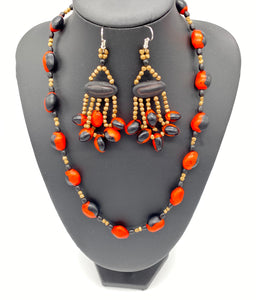 Red and black seed necklace with fiery dangle earrings