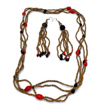 Load image into Gallery viewer, Taupe and fiery seed necklace with dangle seed earrings
