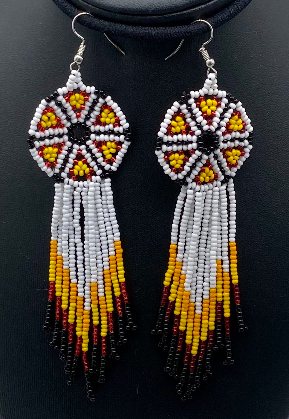 White, yellow and blue hanging beaded flower earrings
