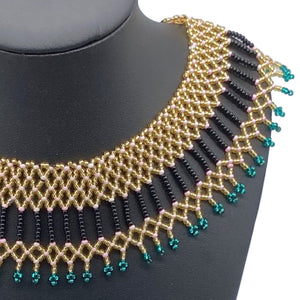 Dazzling gold, black and teal beaded necklace