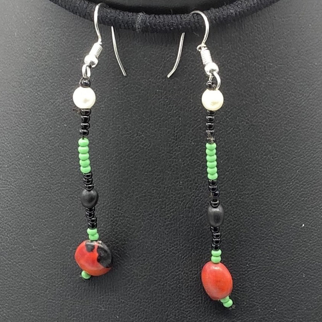 Black, green and red drop earring
