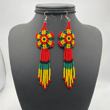 Load image into Gallery viewer, Long flower red, yellow and green earrings
