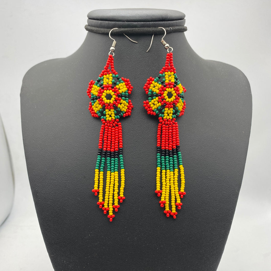 Long flower red, yellow and green earrings