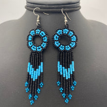 Load image into Gallery viewer, Long black and blue dream catcher earrings
