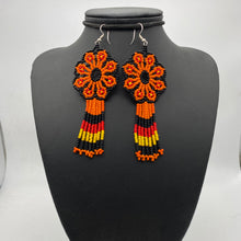 Load image into Gallery viewer, Orange, red and black hanging flower power earrings
