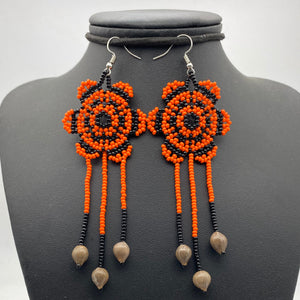 Orange and black rose with native seed earrings