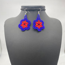 Load image into Gallery viewer, Hanging navy and red flower earrings
