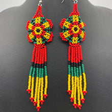 Load image into Gallery viewer, Long flower red, yellow and green earrings
