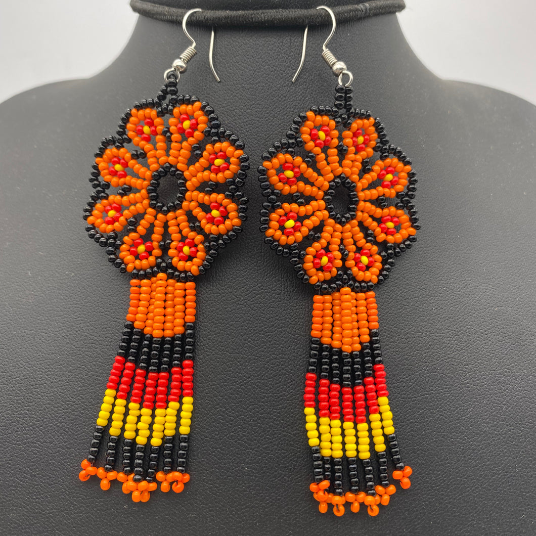 Orange, red and black hanging flower power earrings