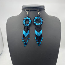 Load image into Gallery viewer, Long black and blue dream catcher earrings
