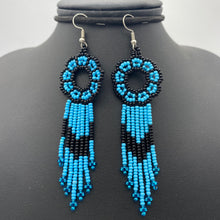 Load image into Gallery viewer, Long blue and black dream catcher earrings
