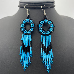 Long blue and black dream catcher earrings