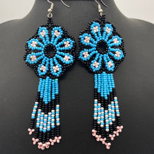Load image into Gallery viewer, Blue and black flower power earrings

