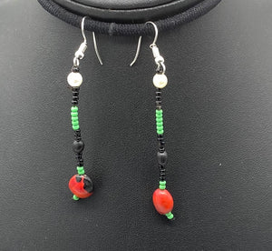 Black, green and red drop earring
