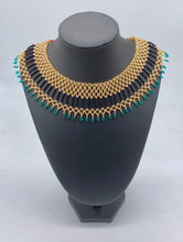 Load image into Gallery viewer, Dazzling gold, black and teal beaded necklace
