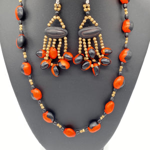 Red and black seed necklace with fiery dangle earrings