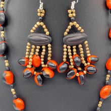 Load image into Gallery viewer, Red and black seed necklace with fiery dangle earrings
